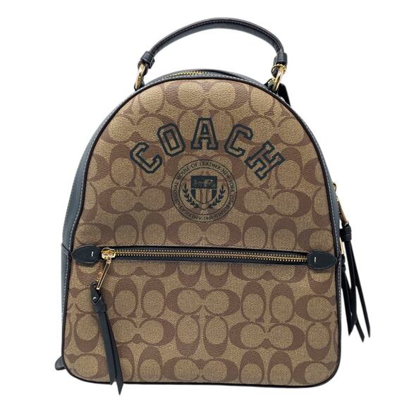 Coach Signature Canvas Backpack Brown Green Varsity Logo Zip Bag Leather Trim - Picture 1 of 6